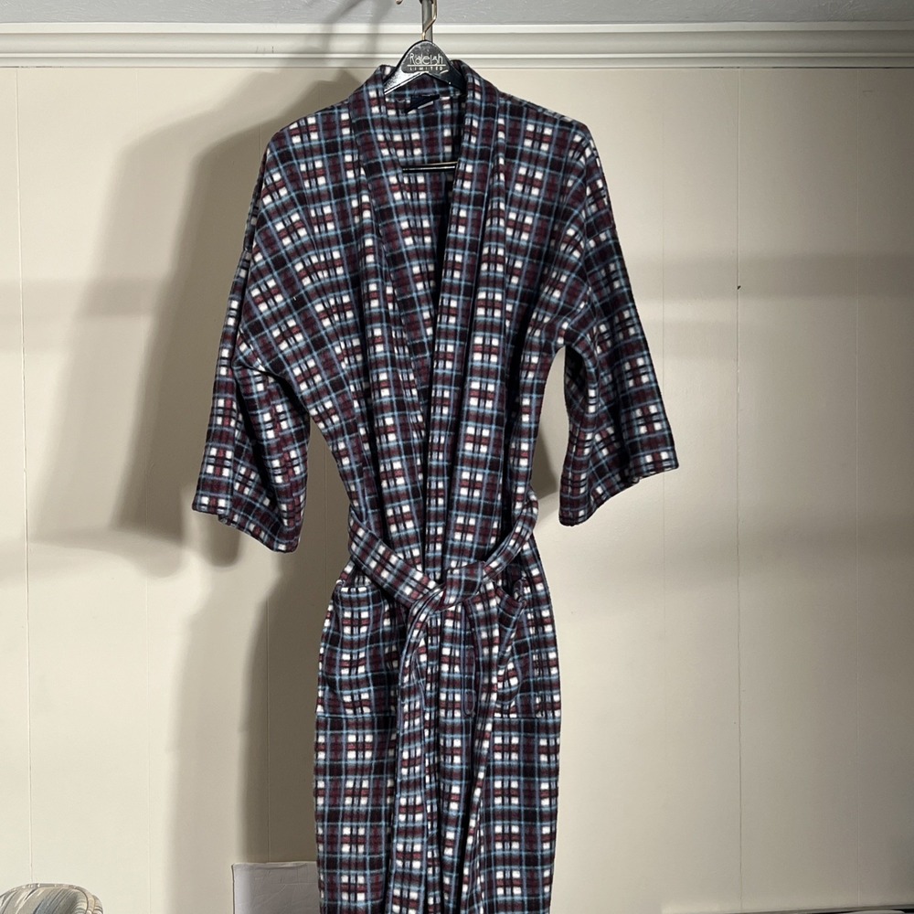 Vtg Hampton House‎ Loungewear Lightweight Fleece Plaid Print Robe